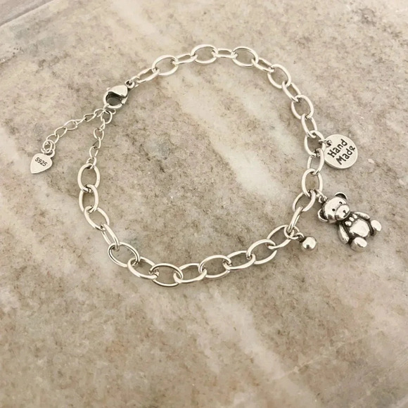 925 Sterling Silver Teddy Bear Charm Bracelet Minimalist Dainty Link Bracelet - Picture 3 of 5